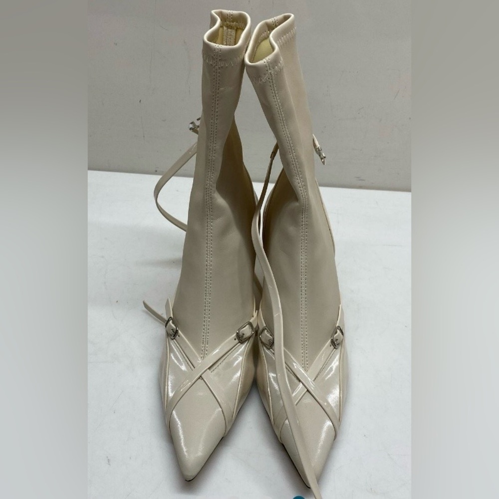 Unk Cream Patent Leather Mid-Calf Heeled Boots Sz 37 US 6.5/7